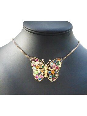 Signed AIROLDI Italy Vermeil Butterfly Necklace - 925 Sterling Rainbow Crystal